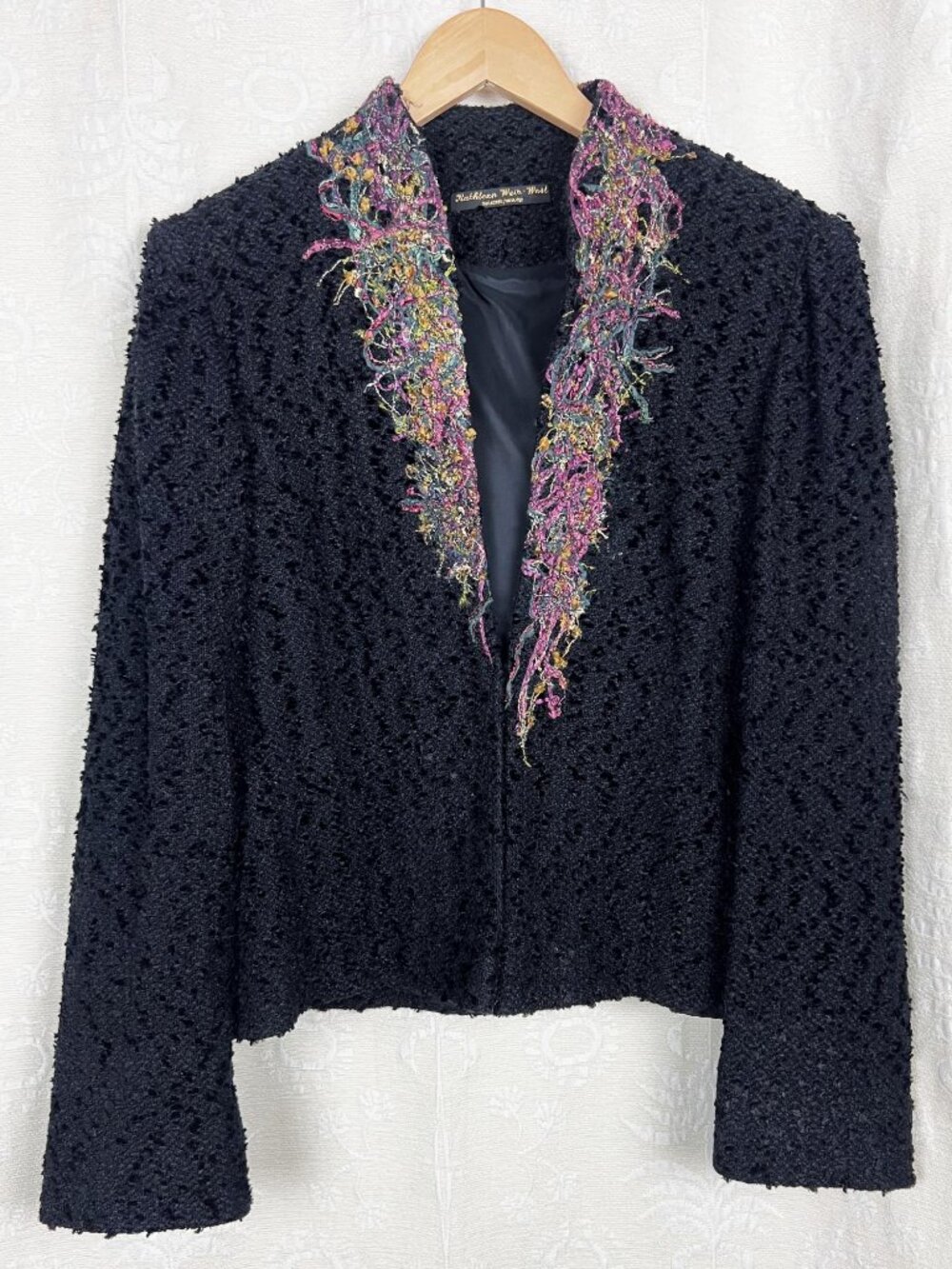 Handwoven boucle short coatigan rainbow weaving art to wear jacket lagenlook M